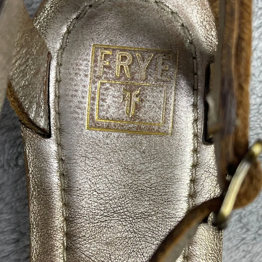 Frye Sandals Womens 7.5 Gold‎ Leather Rachel T Strap Strappy Boho